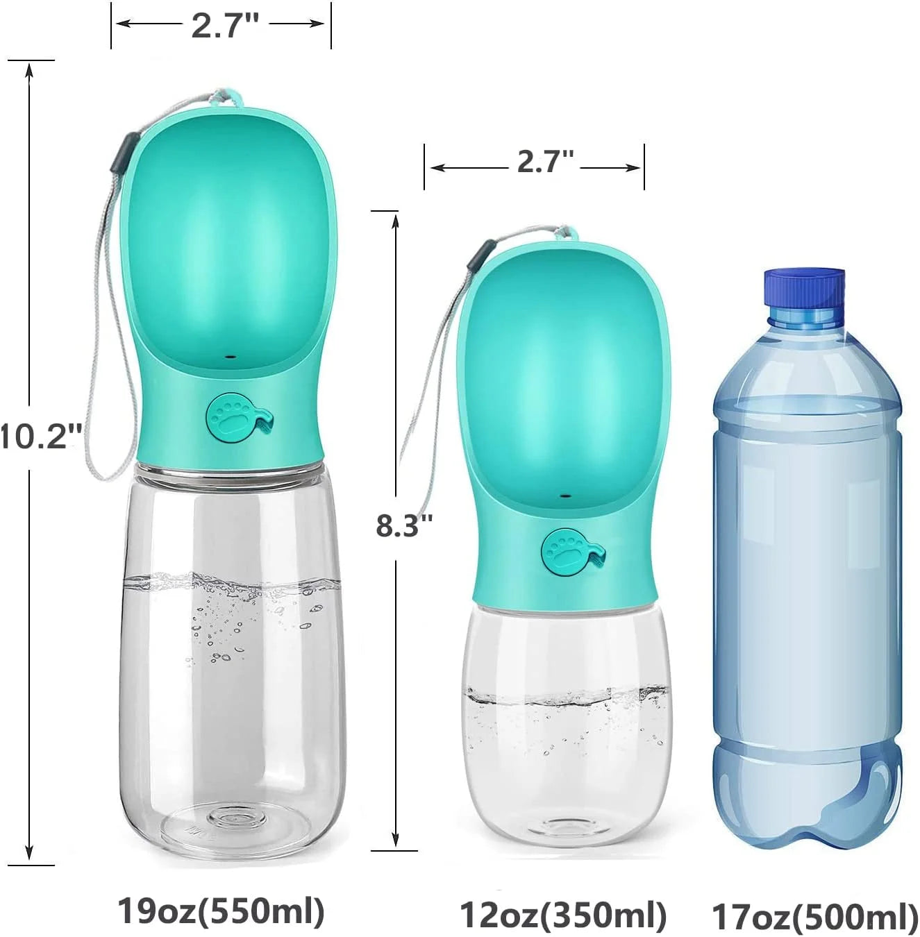 10.2*2.7" Dog Water Bottle, 19Oz Leak Proof Portable Puppy Water Dispenser with Drinking Feeder for Pets Outdoor Walking Hiking Travel Food Grade Plastic - Blue
