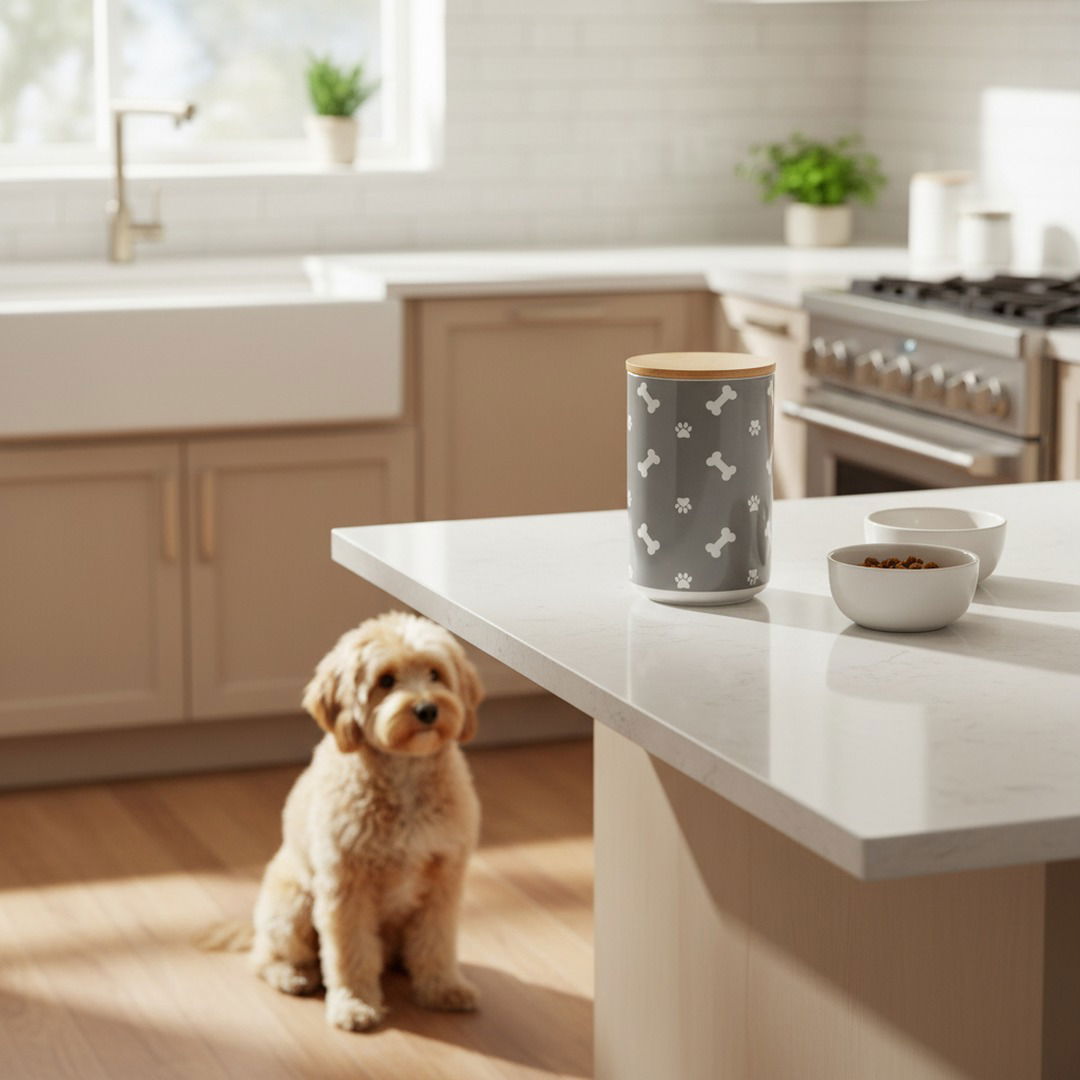 Ceramic Dog Treat Storage Canister with Bamboo Lid — Airtight Pet Treat Jar