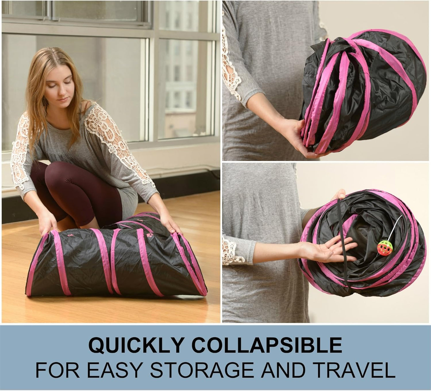 Cat Tunnel - Collapsible 3 Way Play Toy - Tube Fun for Rabbits, Kittens, and Dogs - Black/Aqua