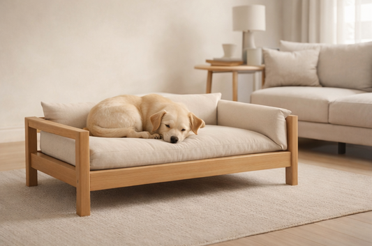 Minimalist wooden pet lounge styled in a modern living room