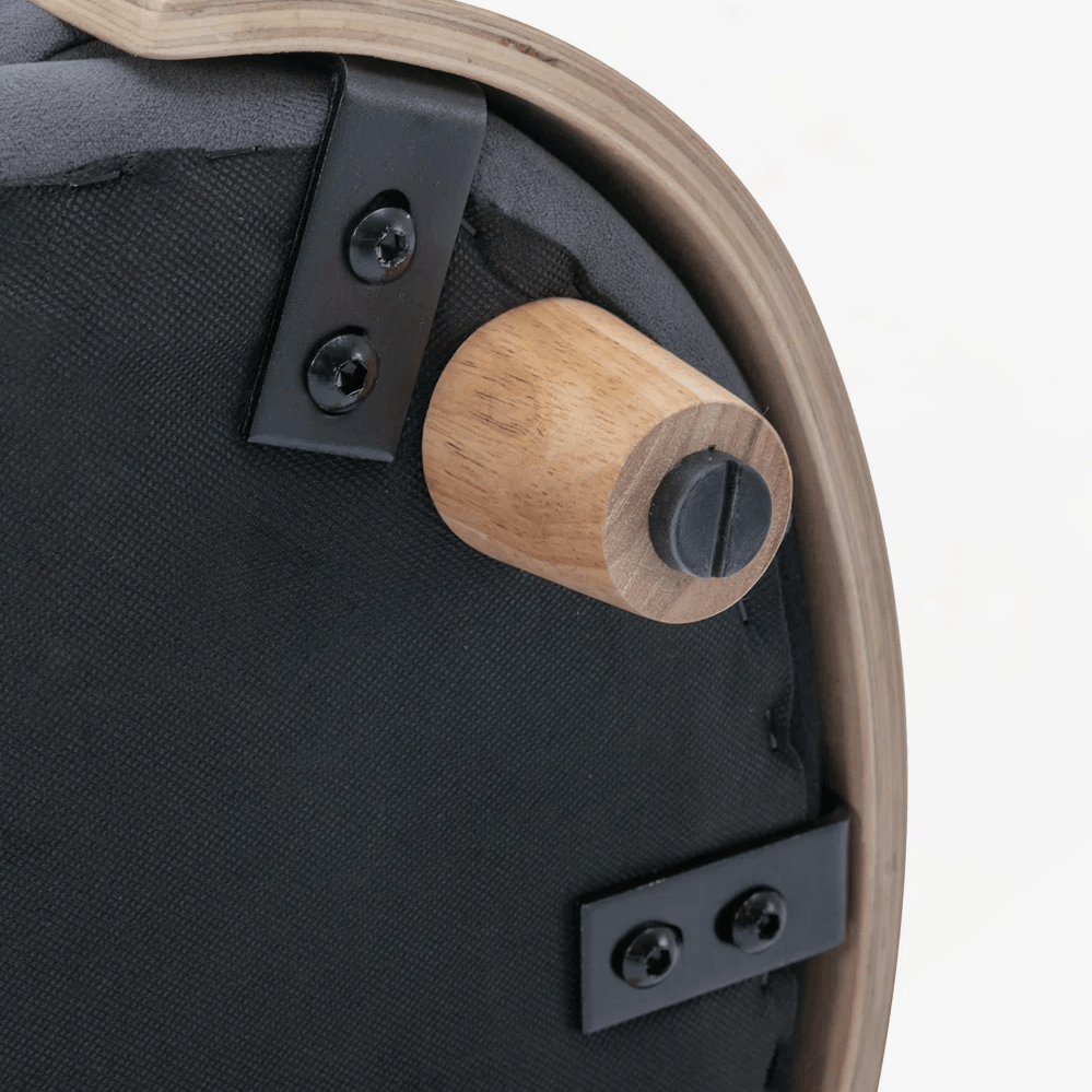 Underside construction detail showing premium hardware and wood leg attachment