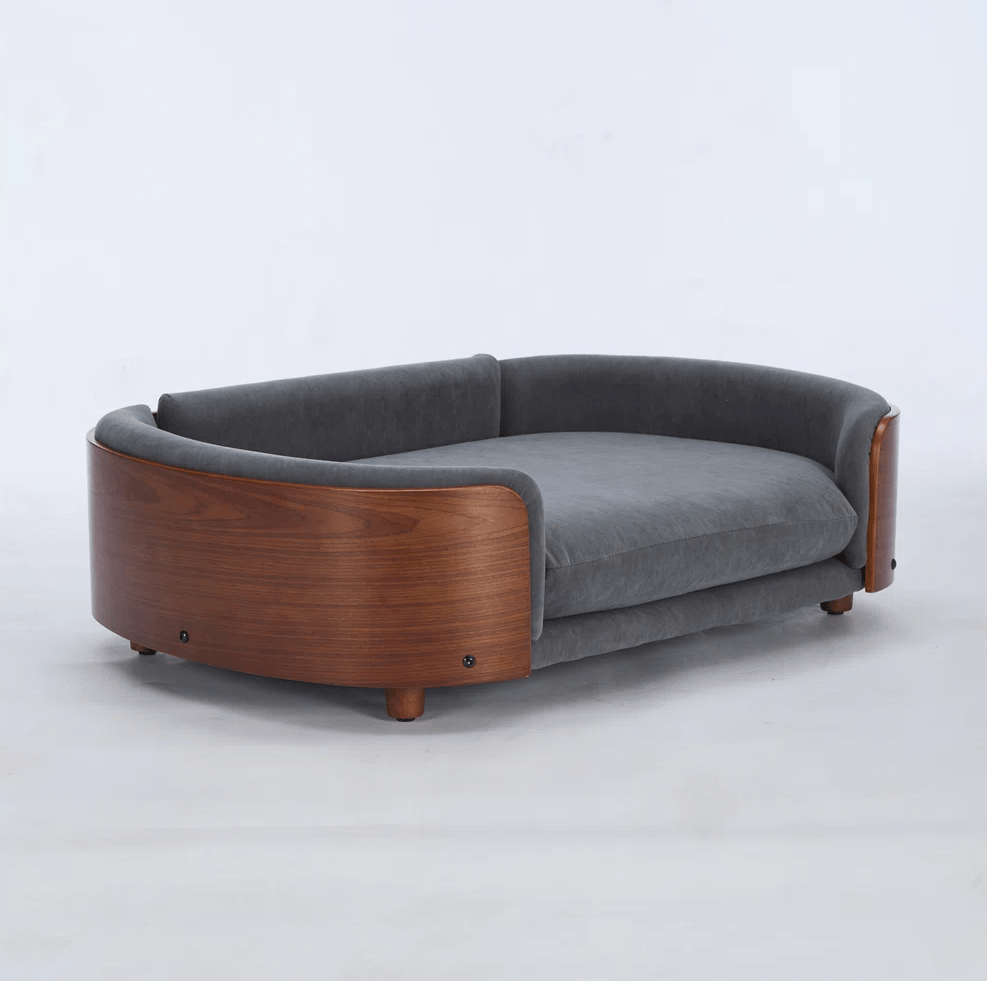 Grand Scandi Lounge luxury dog sofa in walnut bentwood with gray cushion