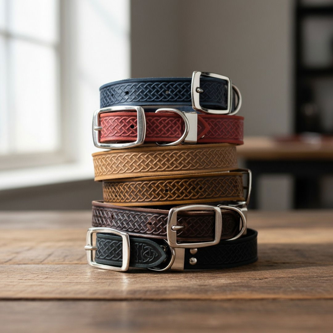 Celtic Double Buckle Leather Dog Collar — Engraved Heritage Leather Collar