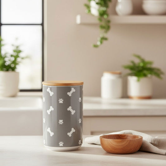 Ceramic Dog Treat Storage Canister with Bamboo Lid — Airtight Pet Treat Jar