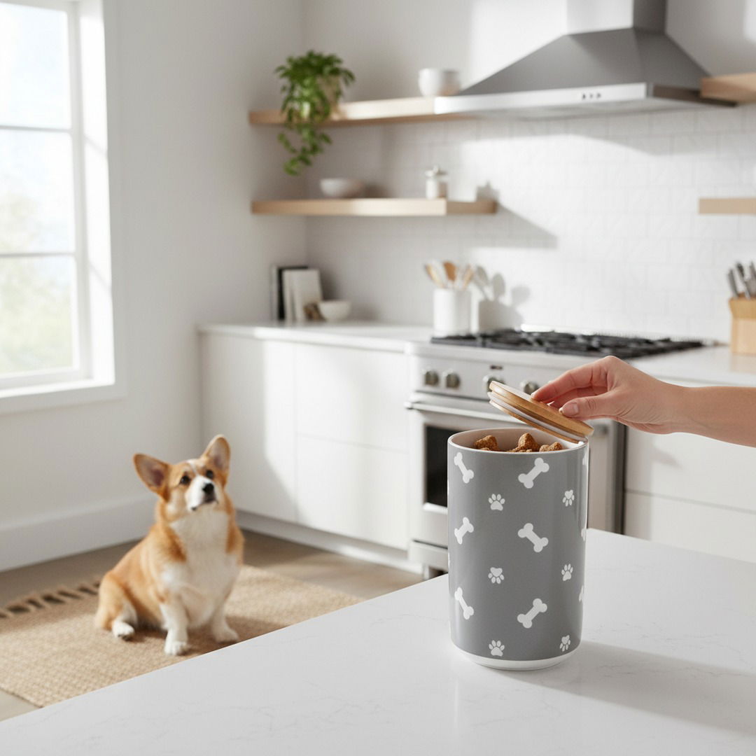 Ceramic Dog Treat Storage Canister with Bamboo Lid — Airtight Pet Treat Jar