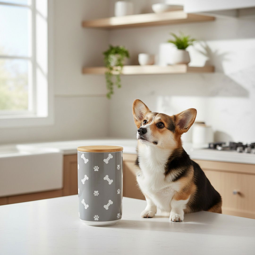 Ceramic Dog Treat Storage Canister with Bamboo Lid — Airtight Pet Treat Jar