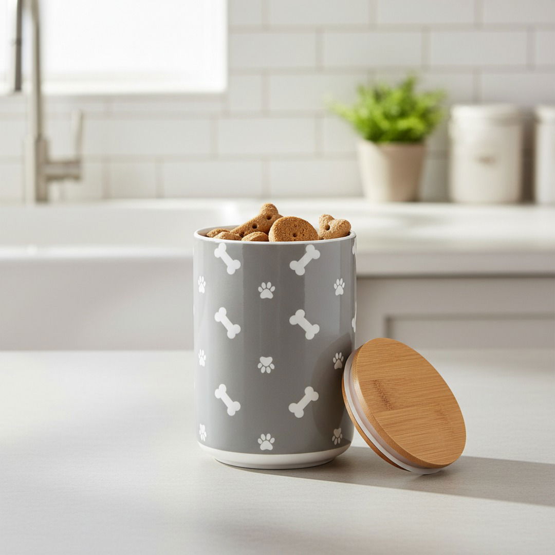 Ceramic Dog Treat Storage Canister with Bamboo Lid — Airtight Pet Treat Jar