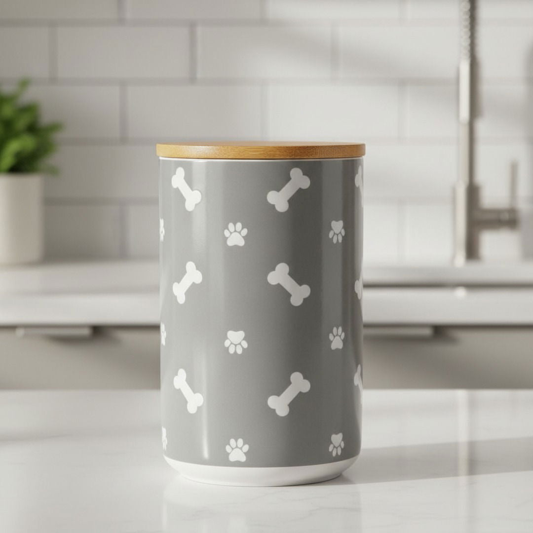 Ceramic Dog Treat Storage Canister with Bamboo Lid — Airtight Pet Treat Jar