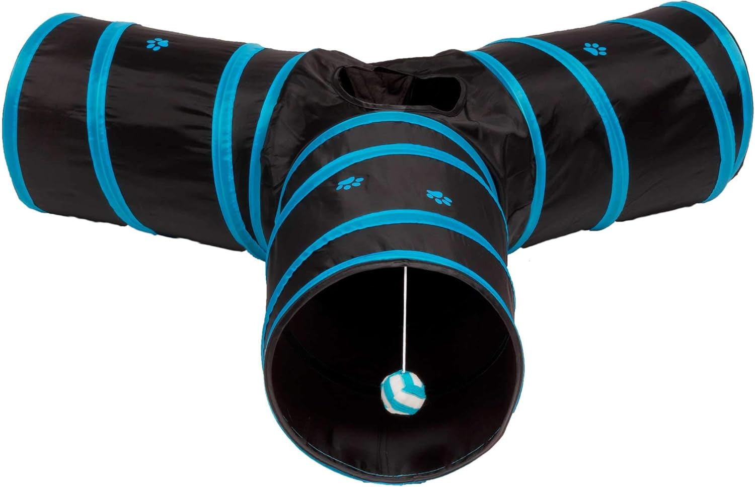 Cat Tunnel - Collapsible 3 Way Play Toy - Tube Fun for Rabbits, Kittens, and Dogs - Black/Aqua