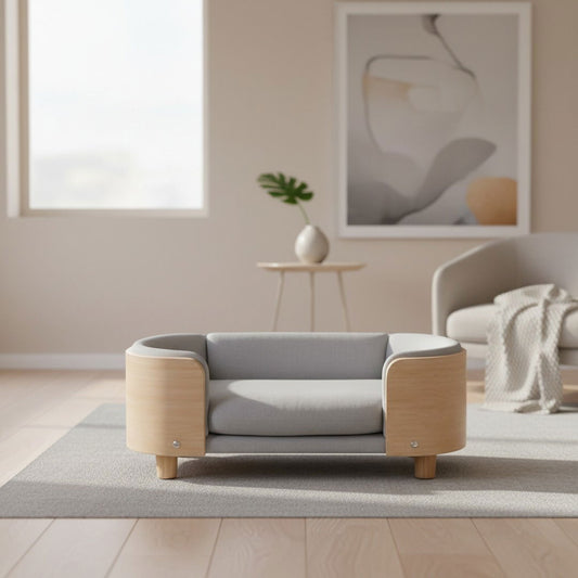 Scandinavian Elevated Dog Lounge Bed — Minimalist Solid Wood Pet Sofa with Removable Cushion