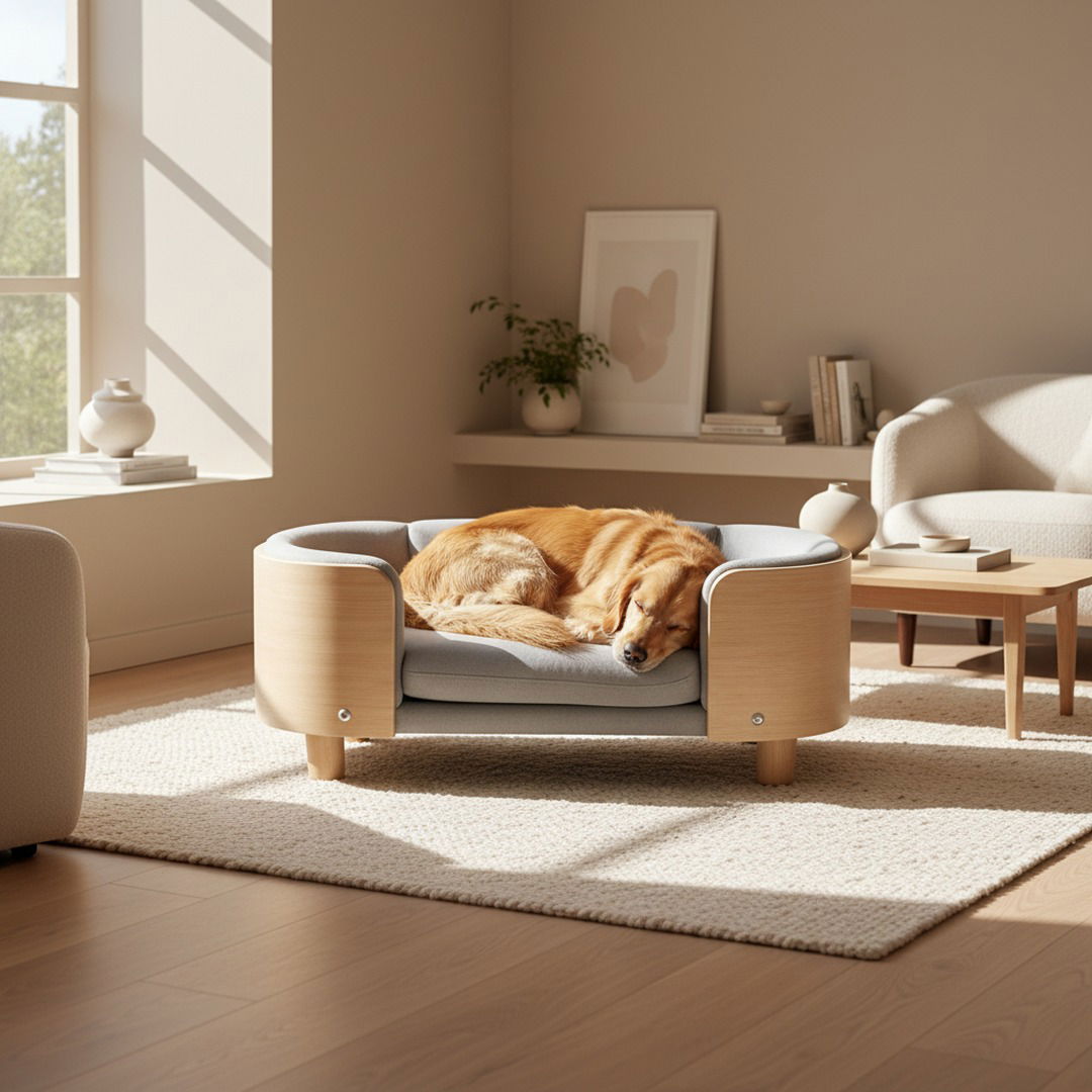 Scandinavian Elevated Dog Lounge Bed — Minimalist Solid Wood Pet Sofa with Removable Cushion