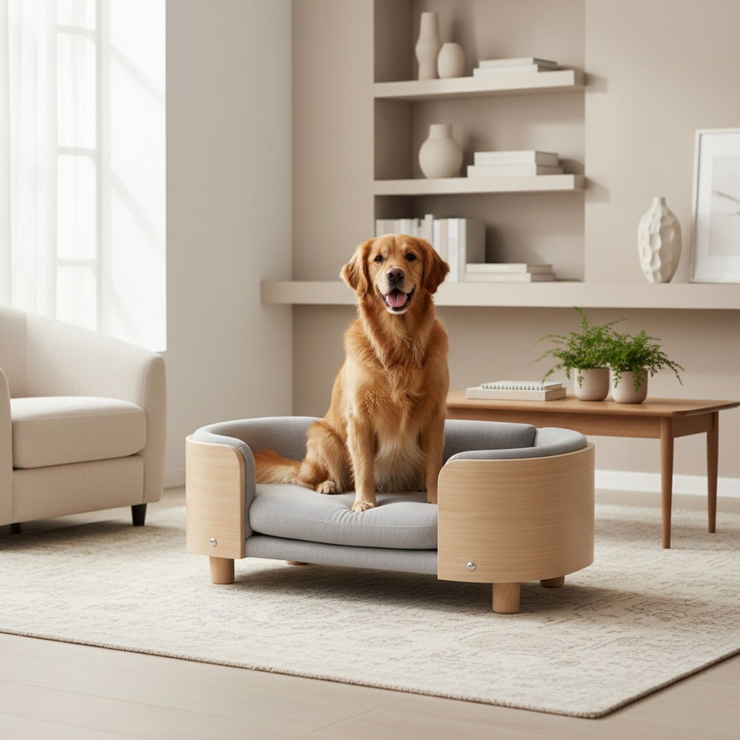Scandinavian Elevated Dog Lounge Bed — Minimalist Solid Wood Pet Sofa with Removable Cushion