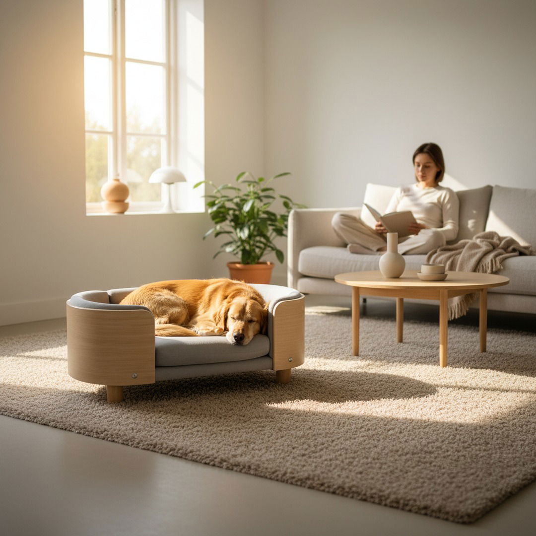 Scandinavian Elevated Dog Lounge Bed — Minimalist Solid Wood Pet Sofa with Removable Cushion
