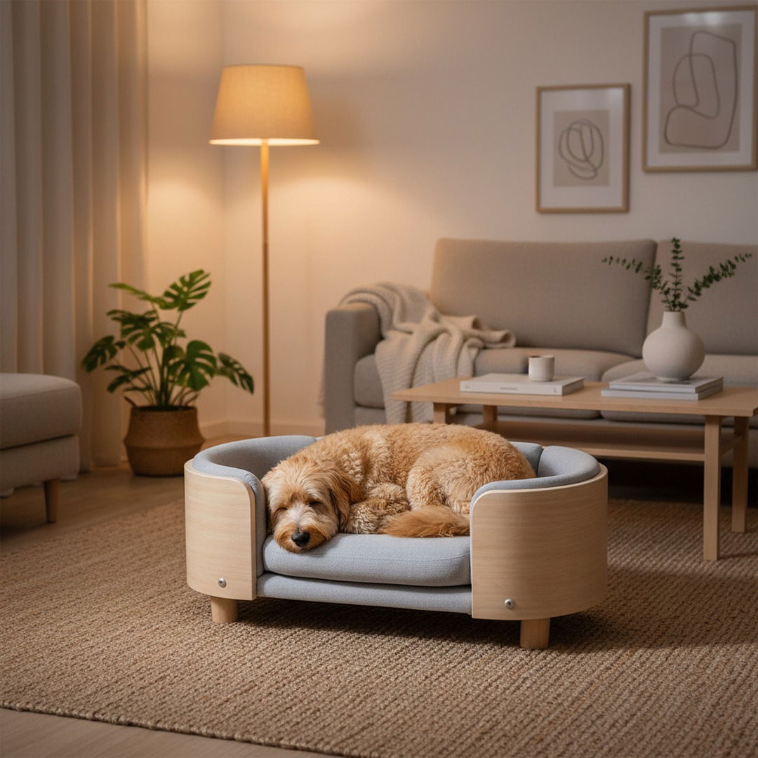 Scandinavian Elevated Dog Lounge Bed — Minimalist Solid Wood Pet Sofa with Removable Cushion