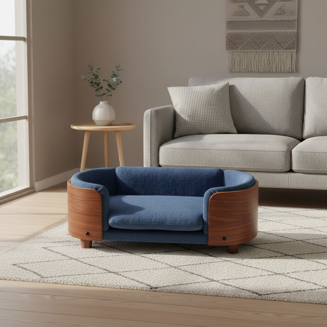 Scandinavian Elevated Dog Bed — Solid Walnut Frame & Washable Velvet Cushion