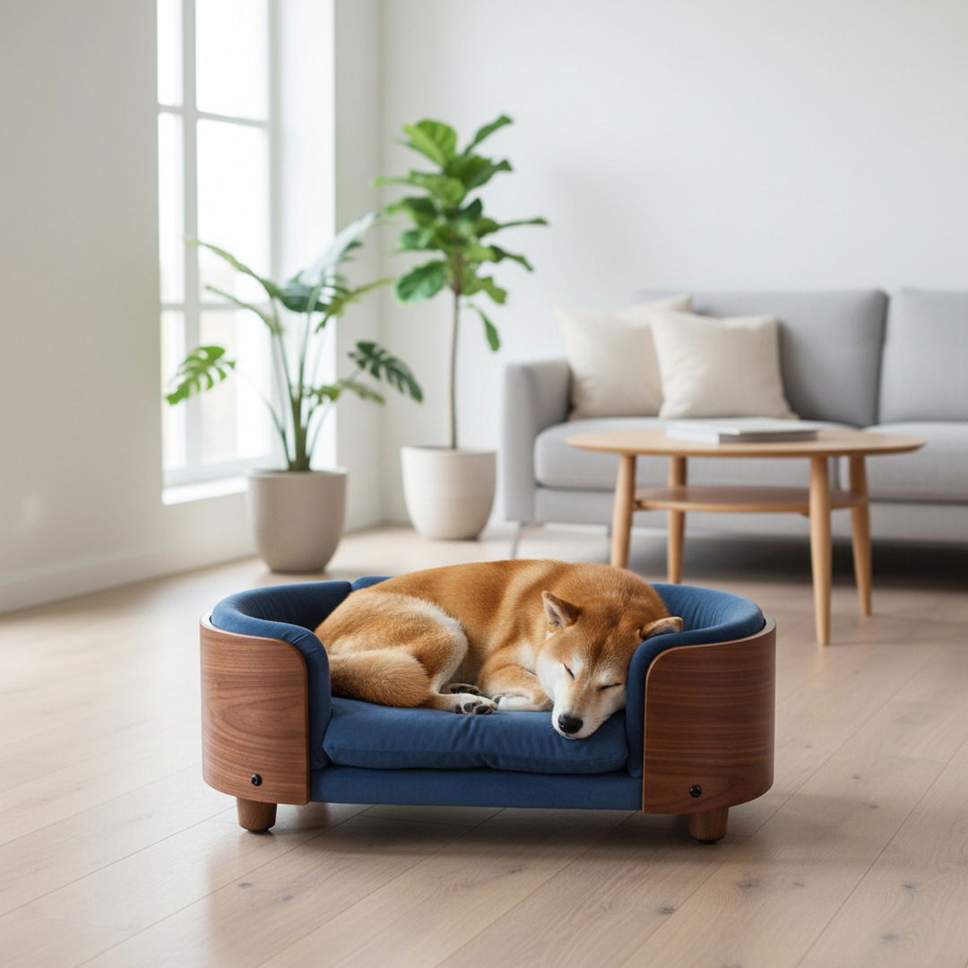 Scandinavian Elevated Dog Bed — Solid Walnut Frame & Washable Velvet Cushion