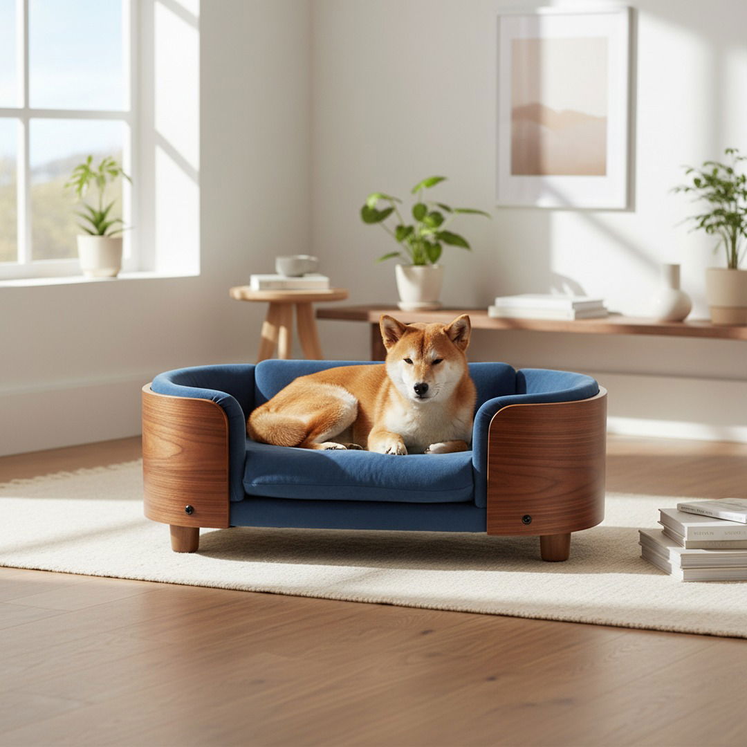 Scandinavian Elevated Dog Bed — Solid Walnut Frame & Washable Velvet Cushion
