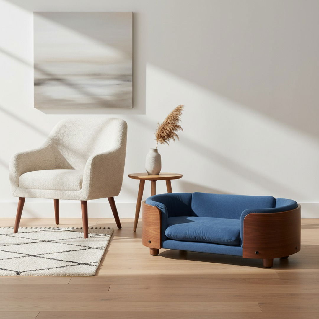 Scandinavian Elevated Dog Bed — Solid Walnut Frame & Washable Velvet Cushion