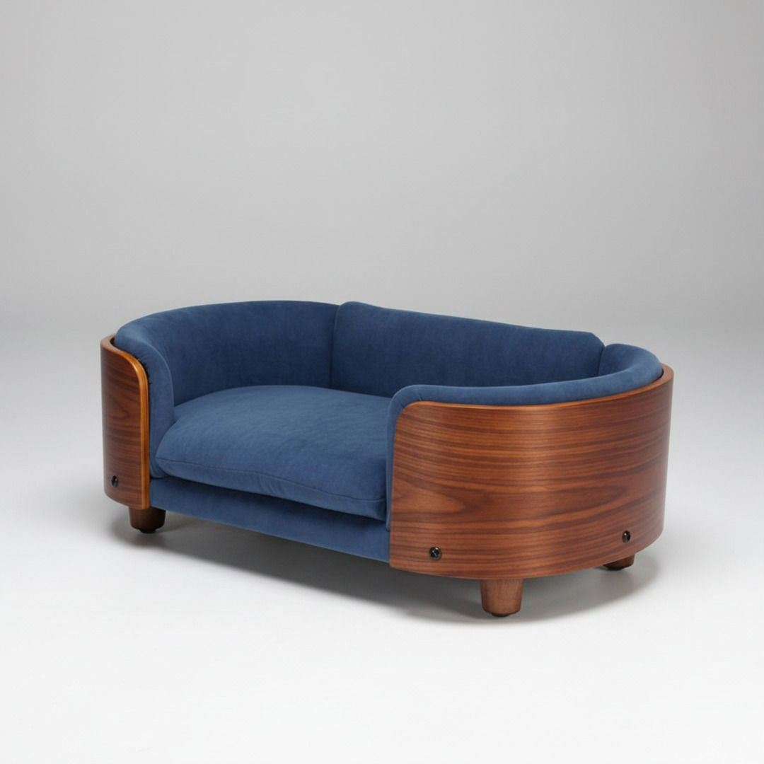 Scandinavian Elevated Dog Bed — Solid Walnut Frame & Washable Velvet Cushion