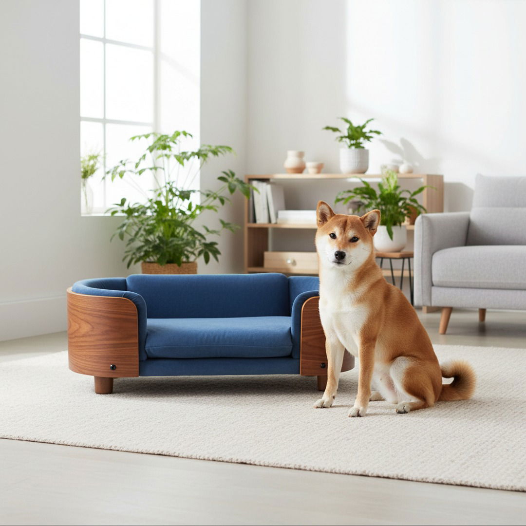 Scandinavian Elevated Dog Bed — Solid Walnut Frame & Washable Velvet Cushion