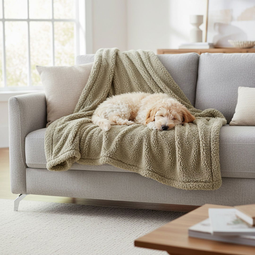 Waterproof Sherpa Dog Lounge Throw — Reversible Protective Pet Blanket